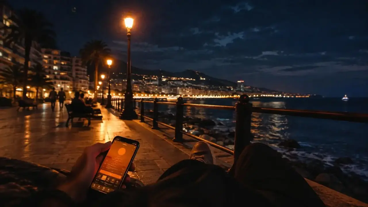 番茄短剧入口 APP 夜间使用场景 夜晚海边步道与手机屏幕中的番茄短剧入口应用界面